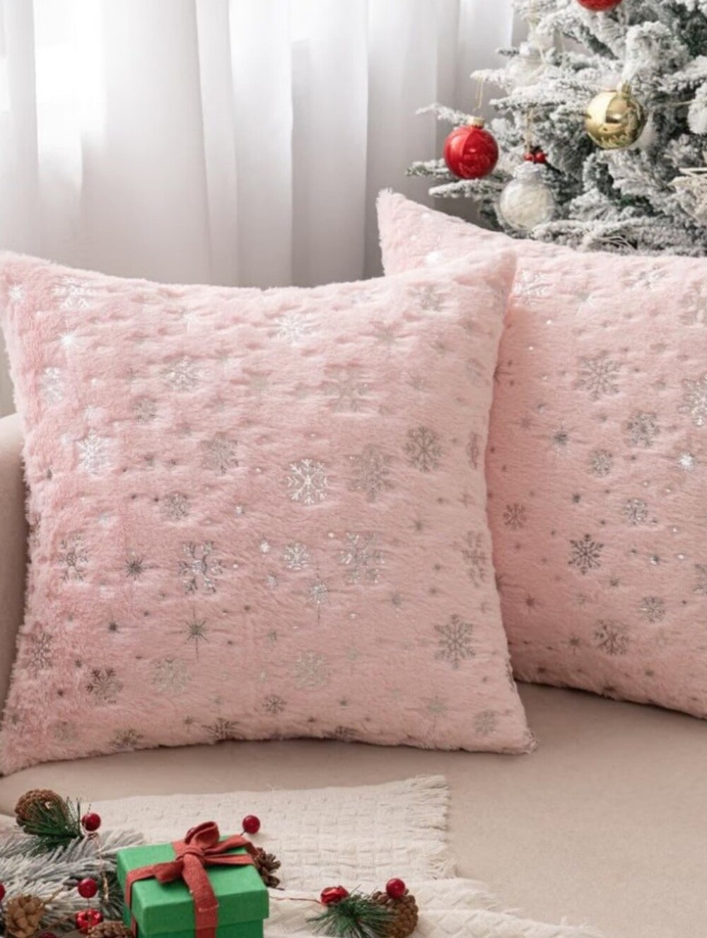 Pink Snowflake Faux Fur Throw Pillow - Set of 2. NWOT.